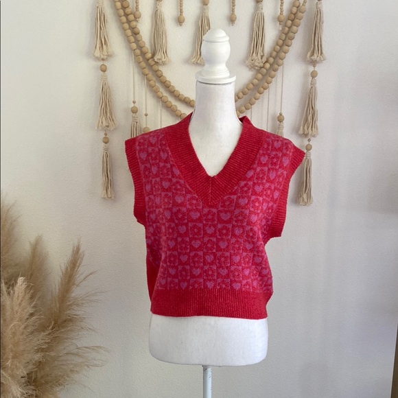 Nordstrom sweater tank top knit vest red pink heart checkerboard spring Y2K xs - Picture 3 of 16